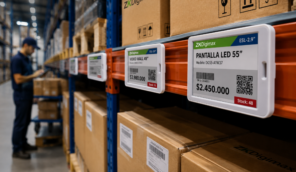 Bodega con estanterías y etiquetas electrónicas NuTag en productos de gran escala