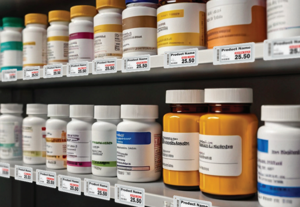 Góndola de farmacia con etiquetas electrónicas NuTag en estantería